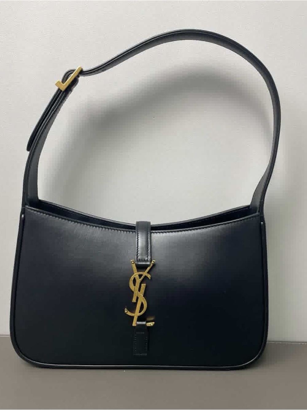 Saint Laurent Black Leather Shoulder Bag with Gold YSL Emblem